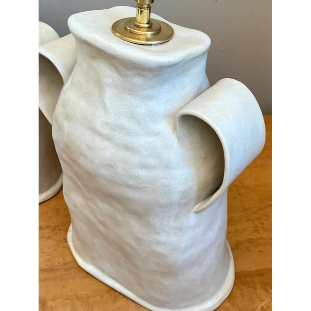 Alabaster Vintage Biomorphic Double Handled Studio Pottery Lamps - a Pair For Sale - Image 8 of 12