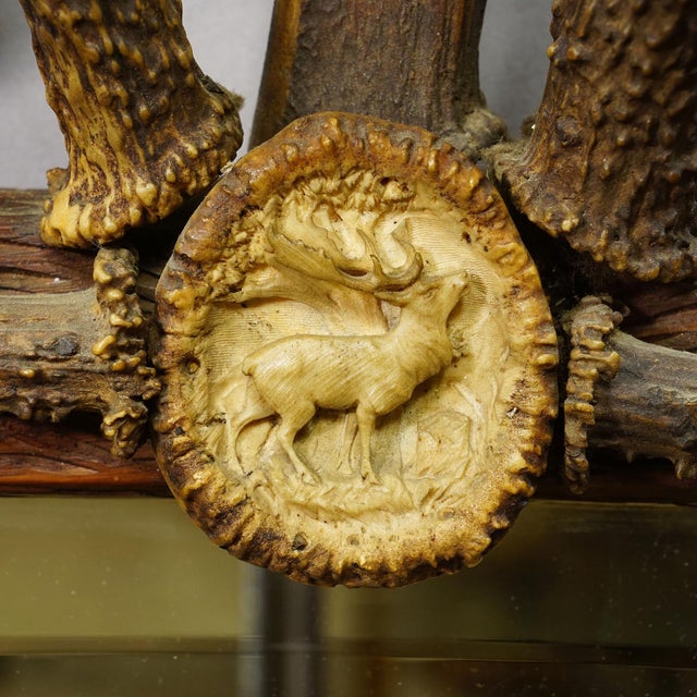 Wood Antique Black Forest Mirror With Antler Arrangement Ca. 1920s For Sale - Image 7 of 8