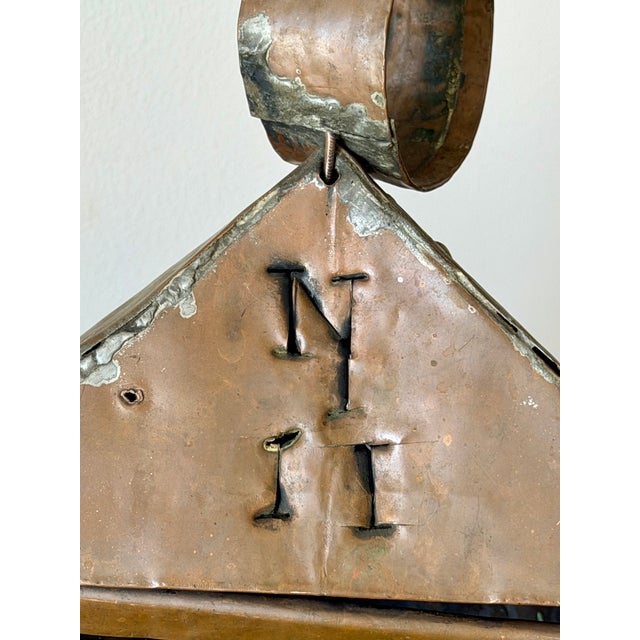 Antique Handcrafted Punched Tin & Copper Lantern | Folk Art Candle Lantern With Original Glass Door For Sale - Image 9 of 10
