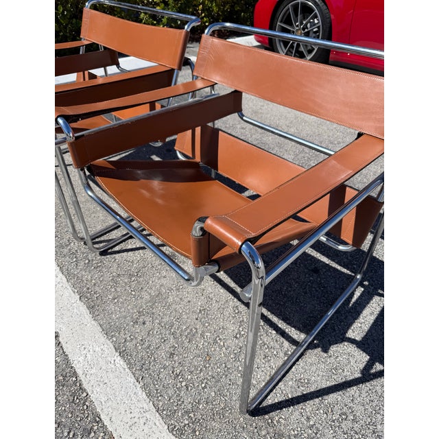 Iconic Knoll Wassily Leather Lounge Chairs by Marcel Breuer a Pair For Sale - Image 9 of 12