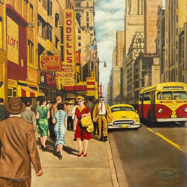 Dave Milton Vintage 1959 Mid Century Modern Edward Hopper Style " 42nd Street and Fifth Avenue, New York City " Framed Original Realist Oil Painting For Sale In Kansas City - Image 6 of 18