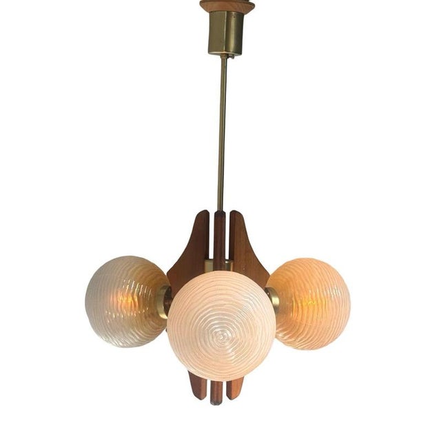 Space Age Model Sputnik Hanging Pendant with Wooden Base, Brass Details and Glass Domes, 1960s For Sale - Image 9 of 9