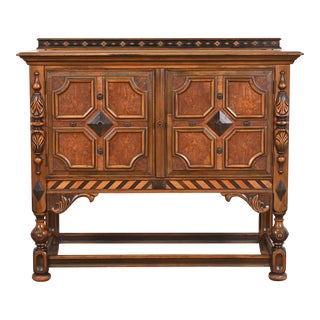 Antique Berkey & Gay English Jacobean Ornate Carved Walnut and Burl Wood Sideboard or Bar Cabinet, Circa 1920s For Sale