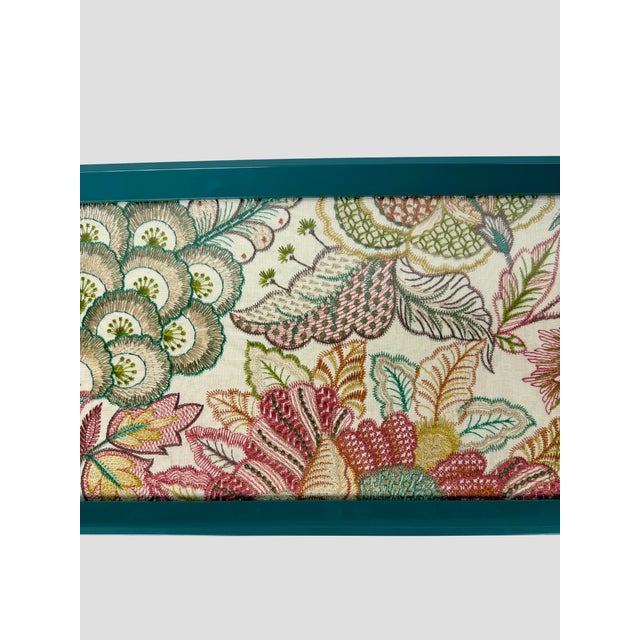 Custom Tray Lee Jofa Embroidered Linen Teal For Sale - Image 9 of 11