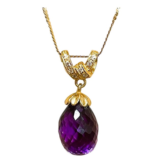 Checkerboard Amethyst Drop & Diamond Pendent/Necklace 14 Karat Yellow Gold Chain For Sale