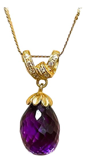 Checkerboard Amethyst Drop & Diamond Pendent/Necklace 14 Karat Yellow Gold Chain