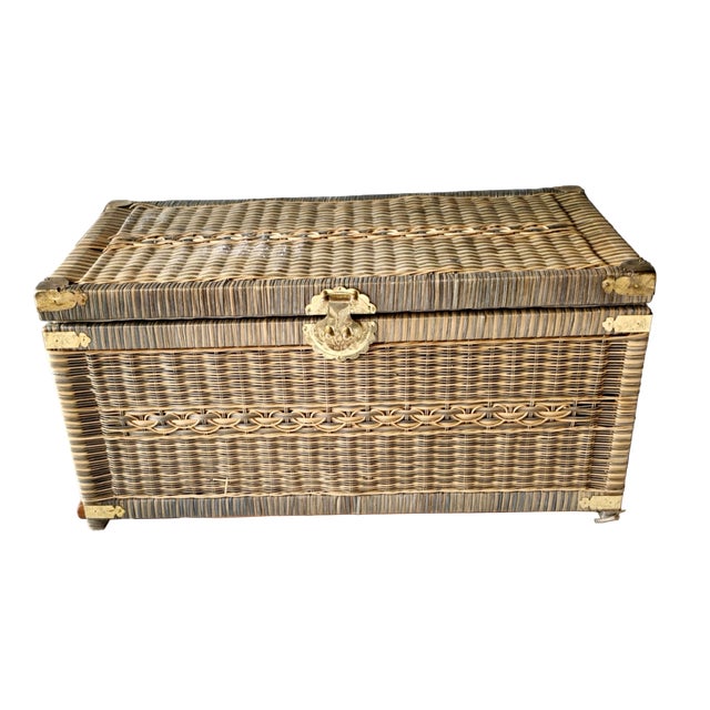 Vintage Woven Clothes Box with Brass Fittings For Sale