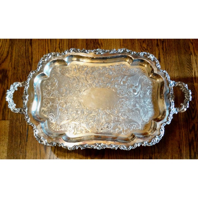 Silver Large Ornate Silver Serving Tray With Handles For Sale - Image 8 of 11