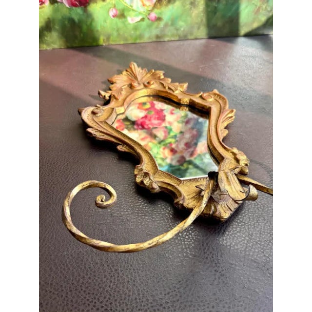 Metal 1950s Italian Florentine Rococo Vintage Gilded Wood Wall Mirror With Metal Towel Holder For Sale - Image 7 of 10
