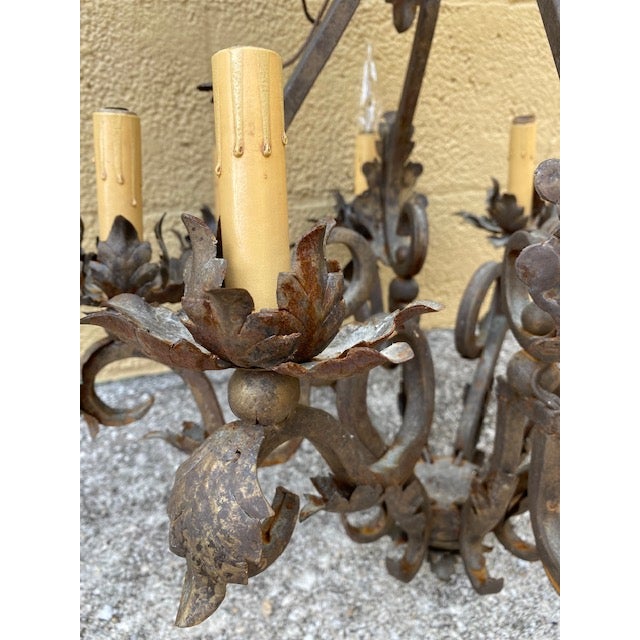 Dark Gray Late 20th Century Wrought Iron Oxidized Tin Electrified Candelabra Chandelier For Sale - Image 8 of 10