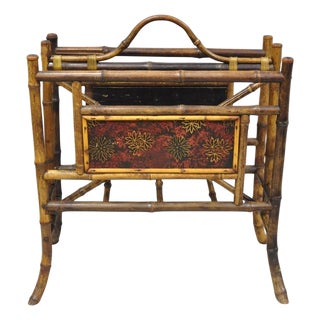 Antique English Victorian Bamboo Fretwork Canterbury Magazine Rack Stand For Sale