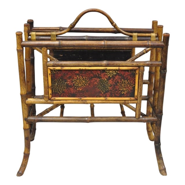 Antique English Victorian Bamboo Fretwork Canterbury Magazine Rack Stand For Sale