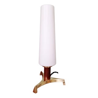 Scandinavian Tripod Table Lamp in Brass, Teak and White Satin Opaline Glass, 1960 For Sale