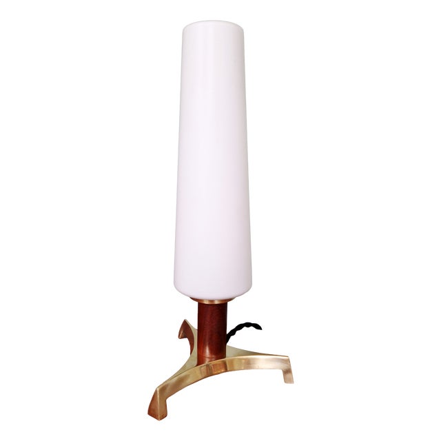 Scandinavian Tripod Table Lamp in Brass, Teak and White Satin Opaline Glass, 1960 For Sale