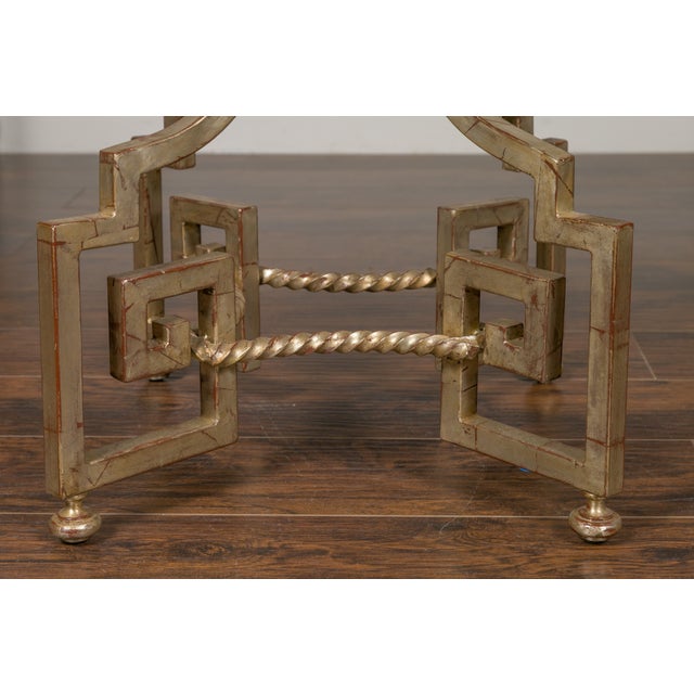 Midcentury French Silver Leaf Iron Table with Glass Top and Greek Key Motifs For Sale - Image 9 of 12