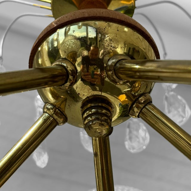 Mid-Century Chandelier in Teak, Brass and Crystal, Sweden, 1950s For Sale - Image 9 of 13