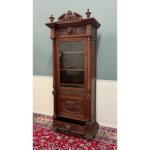 Antique French Renaissance Revival Scholars Bookcase Cabinet Carved Oak 19th C For Sale - Image 14 of 15