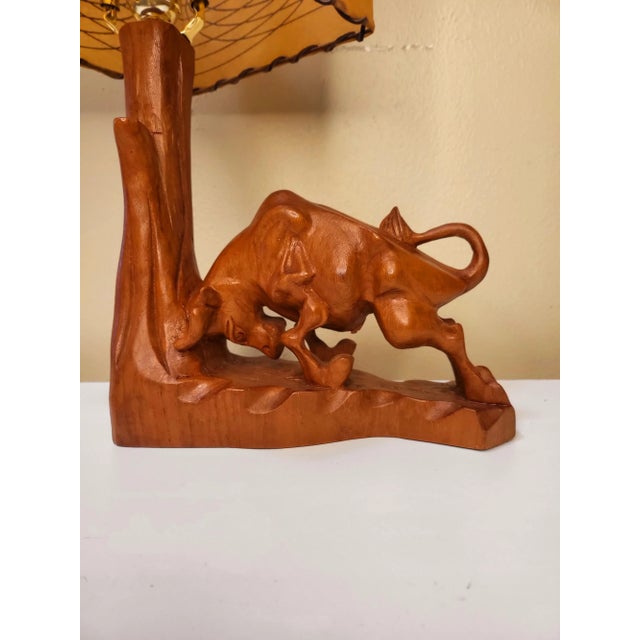 Vintage Hand Carved Wooden Bull With Fiber Glass Spun Diamond Shade. For Sale In Austin - Image 6 of 8