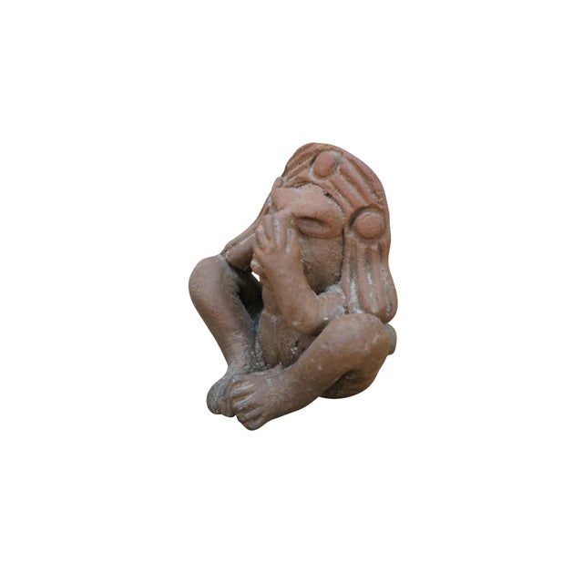 Folk Art Mid 20th Century Pre-Columbian Aztec Mayan Clay Terracotta Whistle Seated Figurine 3" For Sale - Image 3 of 9