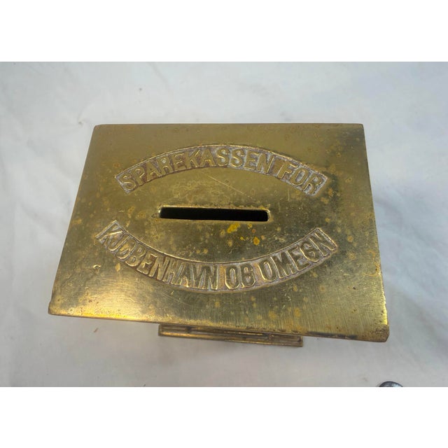 Art Deco Rare Antique Sparekassen Denmark Brass Savings Building Still Coin Bank W/ Key For Sale - Image 3 of 12