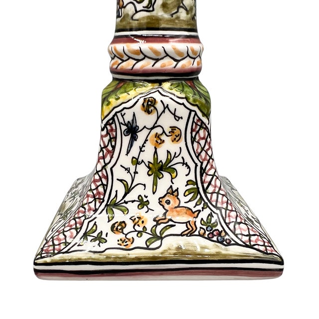 Pair of Hand-Painted Portuguese Faience Candlesticks by C. Melo With Birds, Dog, Castle & Deer – Folk Art / European Traditional For Sale - Image 12 of 18