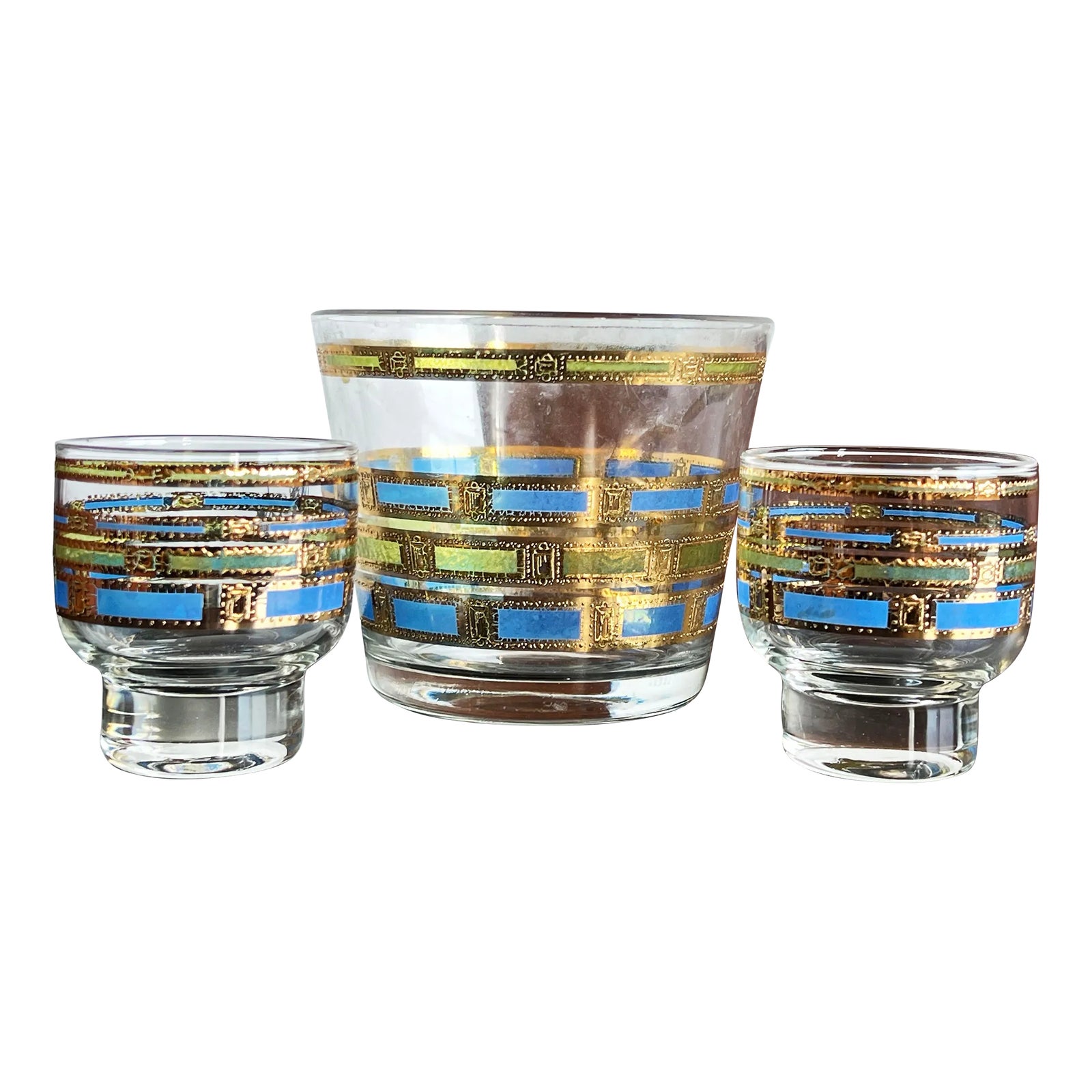 Culver Empress Footed Whiskey Rocks Glasses & Ice Bucket - Set of 3