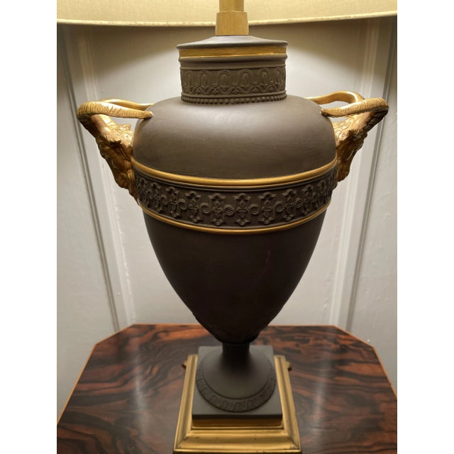 Mid 20th Century Neoclassical Basalt With Gilt Rams Heads Lamp For Sale - Image 5 of 6