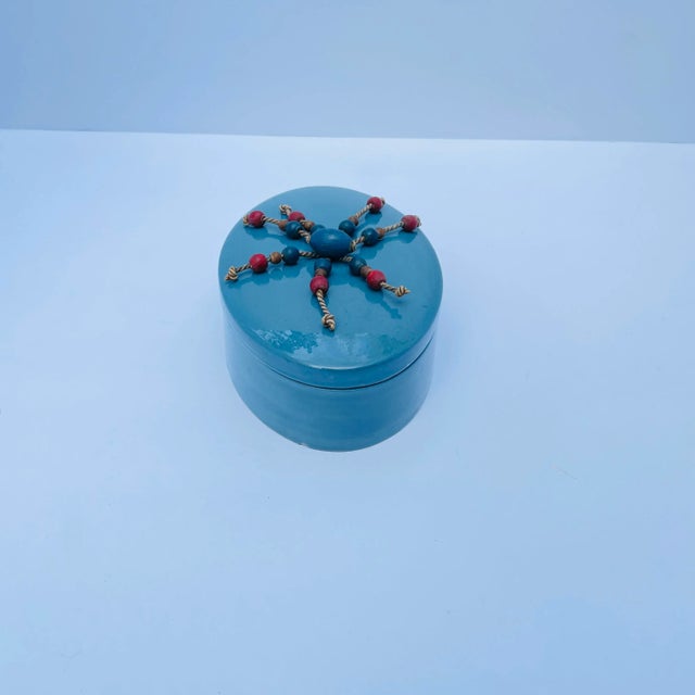 Art Deco Antique Dux Blue Porcelain Lidded Catchall With Wooden Beads For Sale - Image 3 of 9