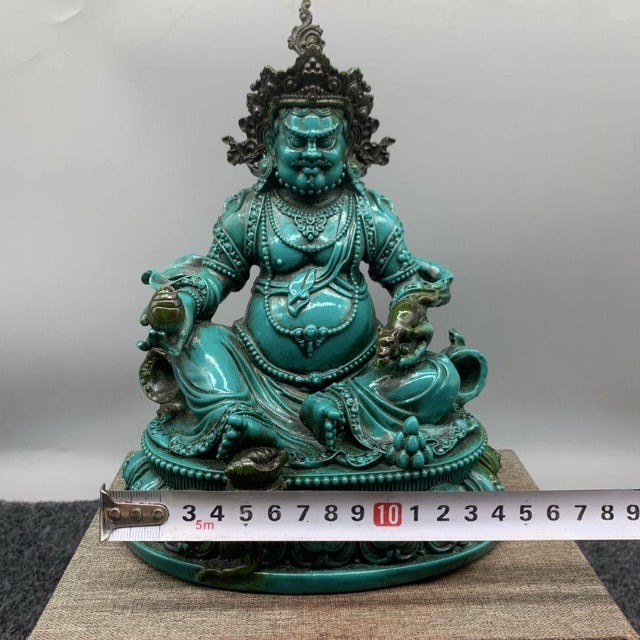 Turquoise Vintage Tibetan Style Turquoise Green Yellow Jambhala Wealth Deity Statue For Sale - Image 8 of 9