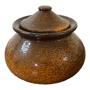 Vintage Coastal Palm Wood Lidded Vessel With Lacquer Finish