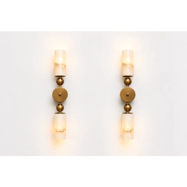 Metal Brass Double Wall Sconce With Natural Alabaster Shades, Contemporary Double Wall Sconce, Natural Stone Lighting for Bedroom & Hallway For Sale - Image 7 of 9