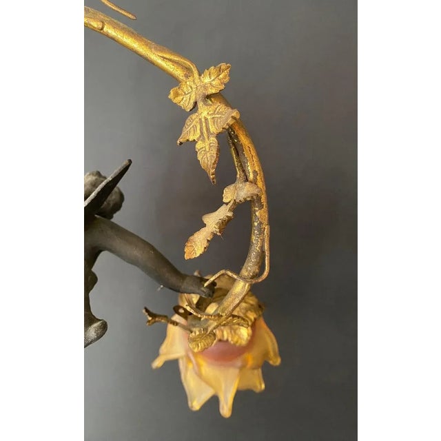 French Art Nouveau Bonze Flying Putto Cherub & Lalique Frosted Glass Tulip Shades For Sale - Image 11 of 11