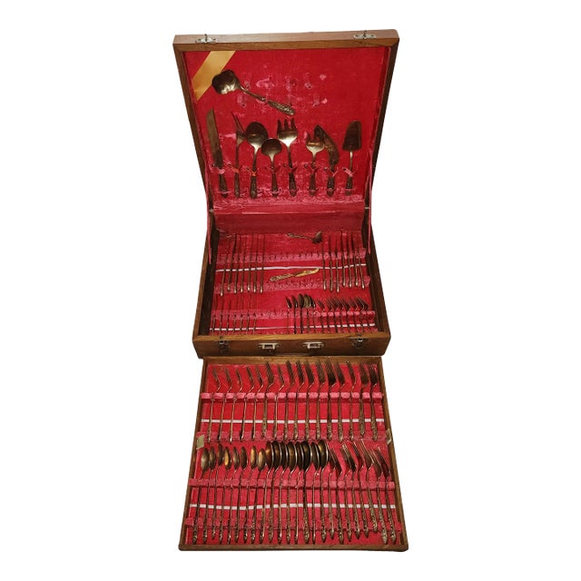 1960s Vintage Solid Bronze Thai Siam Buddha Hand Cast Flatware Set - 85 Pieces For Sale