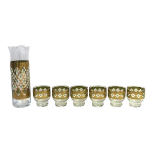 Midcentury Culver Gold Cocktail Mixer Decanter & Cocktail Rocks Glasses, Set 7