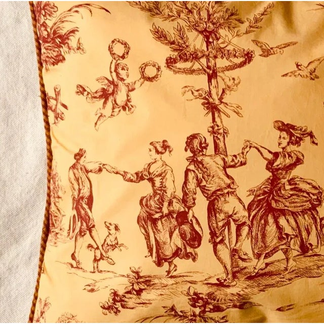 Toile De Jouy Throw Pillow Cover,"Printemps" Pattern, Red and Gold, 20-Inch Square For Sale - Image 9 of 11