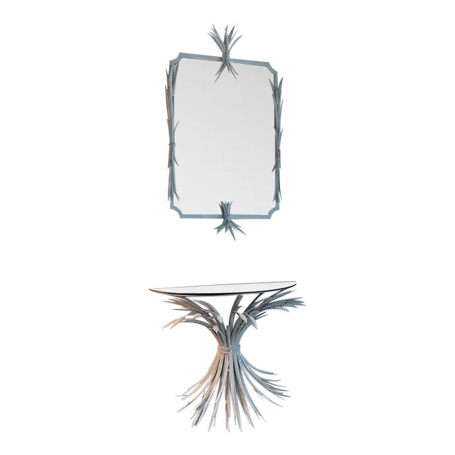 Vintage White Metal Tole Leaf Leaves Wall Mirror & Demi Lune Wall Console Table For Sale