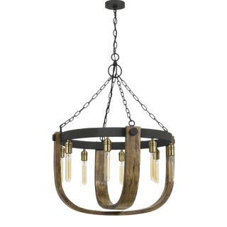Apulia Rustic Wood & Iron Chandelier, 30" Round, 8-Light Industrial Farmhouse, New in Box For Sale