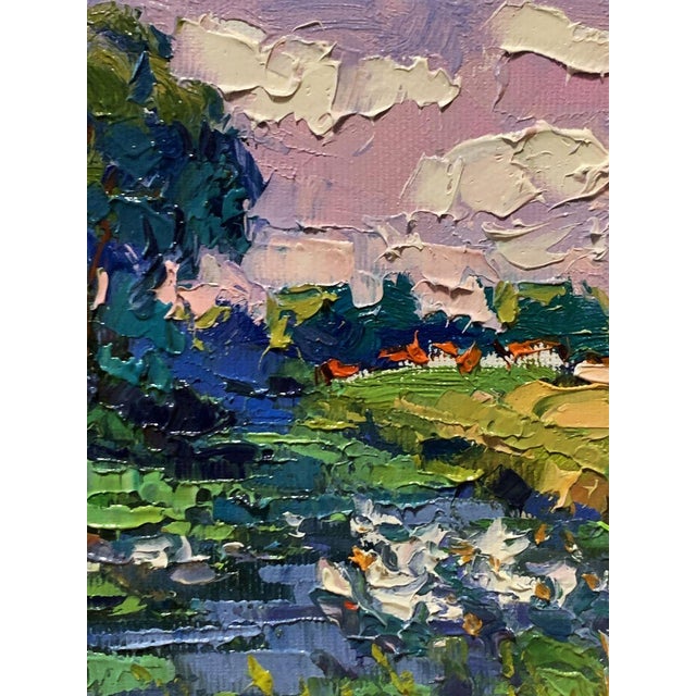 Forest Green Oil Painting Geese Are Swimming in the Lake Oksana Ivanyuk For Sale - Image 8 of 11
