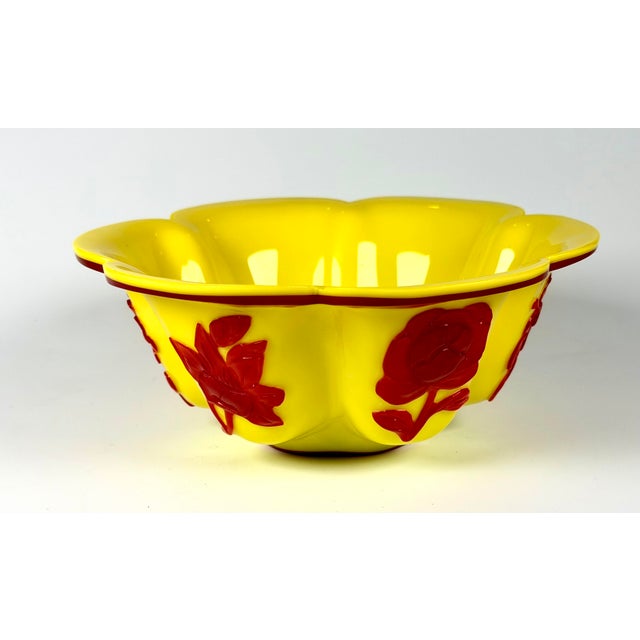 Glass Chinese Imperial Yellow Peking Glass Lobed Bowl With Ruby Red Floral Overlay For Sale - Image 7 of 8