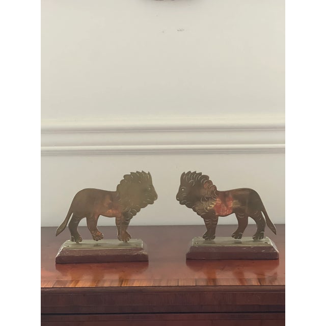 Vintage Brass Lion and Wood Bookends- Set of 2 For Sale - Image 12 of 12