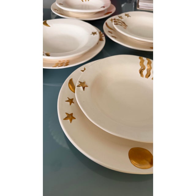 1980s Julie Sanders Cyclamen Pottery Celestial Gold Moon Stars Set of 6 Bowls & Plates (12 Pieces) For Sale - Image 11 of 12
