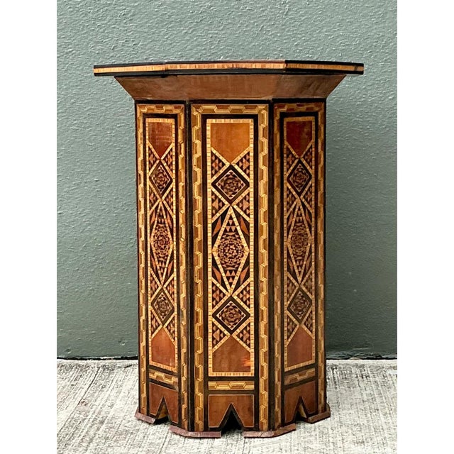 Chestnut Vintage Geometric Inlay Wood Side Table For Sale - Image 8 of 12