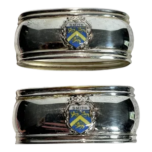Pair of Silverplate Napkin Rings With Enameled Smith Family Crest and Bermuda Map Engraved