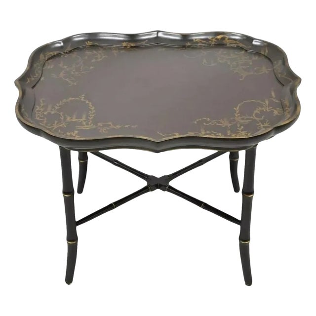 Chinoiserie Faux Bamboo Brown Lacquer Scallop Tray Top Coffee Cocktail Table For Sale