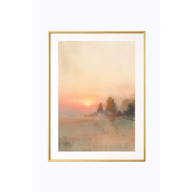 Sunset coastal seascape wall art featuring a soft abstract beach landscape with glowing horizon light, misty coastal...