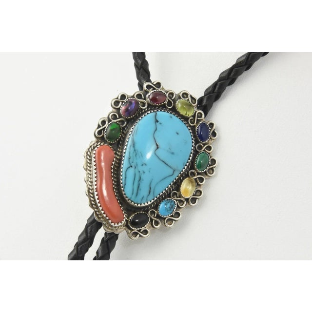 Vintage Native American Sterling Silver and Gemstone Leather Bollo Necklace For Sale - Image 4 of 5