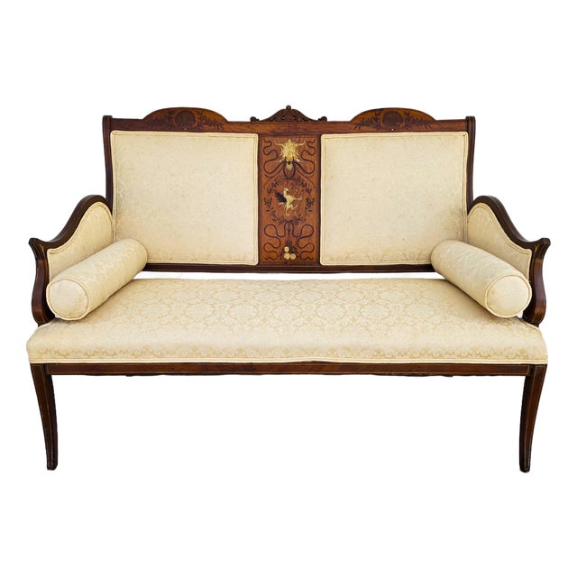 Antique Edwardian Inlaid Mythical Griffin Mahogany Double-Chair-Back Settee For Sale