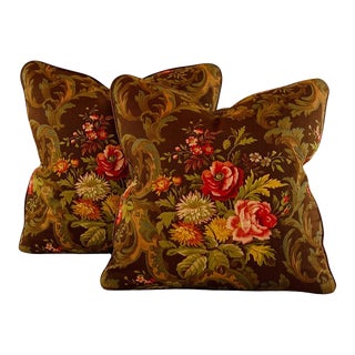 American Folk Kings Muir Brown Red Gold Green Botanical Floral Rose & Chrysanthemum Bouquet 20" Pillow Covers- Pair For Sale