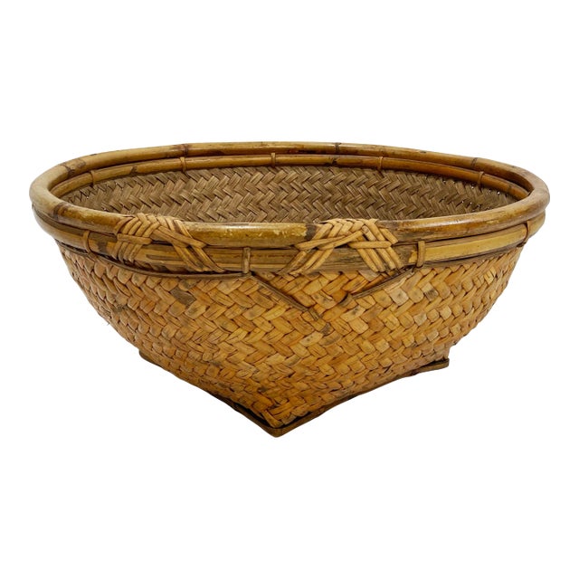 Vintage Woven Basket With Scorched Rattan Frame For Sale