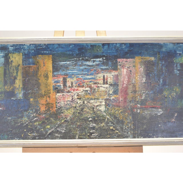 Oil painting in wide format. A sprawling, modern city. The colors, ranging from dark at the edges to a pulsating, glowing...